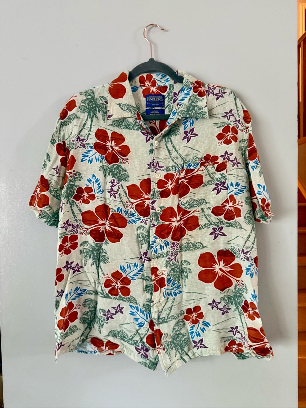 Vintage-style Pendleton Men's Hawaiian Aloha Shirt - Ivory/Red Hibiscus size XL